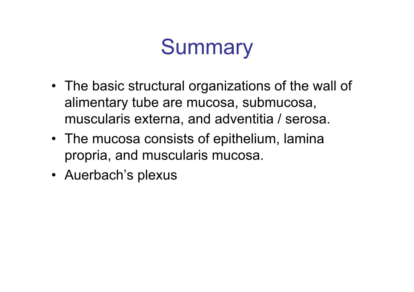 block10-1_27.jpg - Summary¡E The basic structural organizations of the wall of  alimentary tube are mucosa, submucosa,  muscularis externa, and adventitia / serosa.¡E The mucosa consists of epithelium, lamina  propria, and muscularis mucosa.¡E Auerbach's plexus